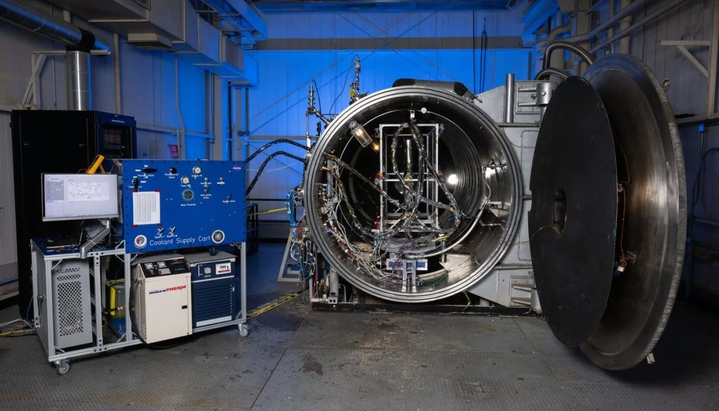 Deployable radiator panel prototype installed in a thermal vacuum chamber at NASA's Johnson Space Center
